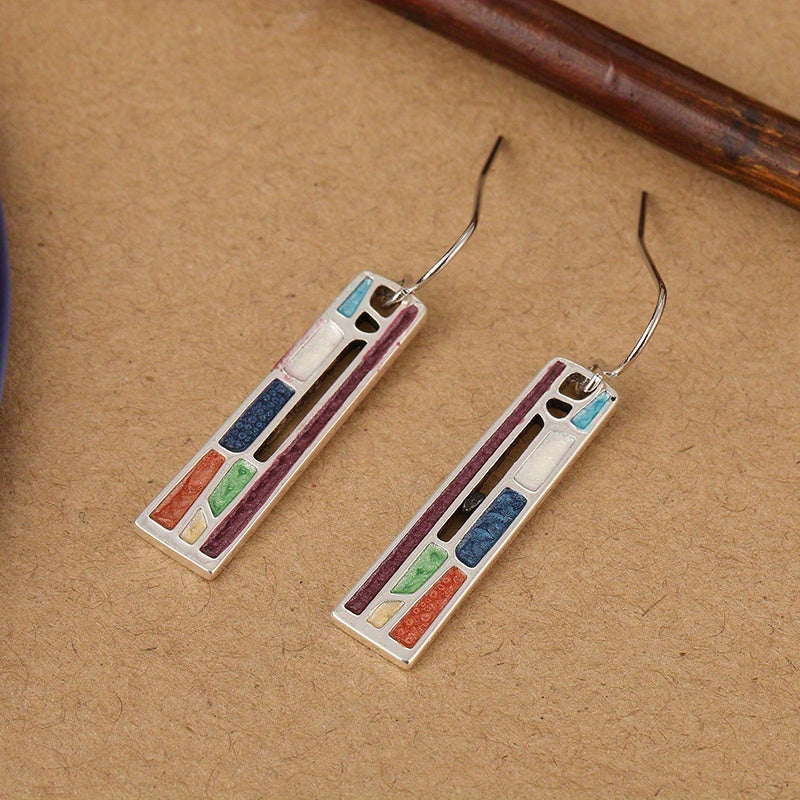 Vintage Silver Plated Geometric Colorful Dangle Earrings