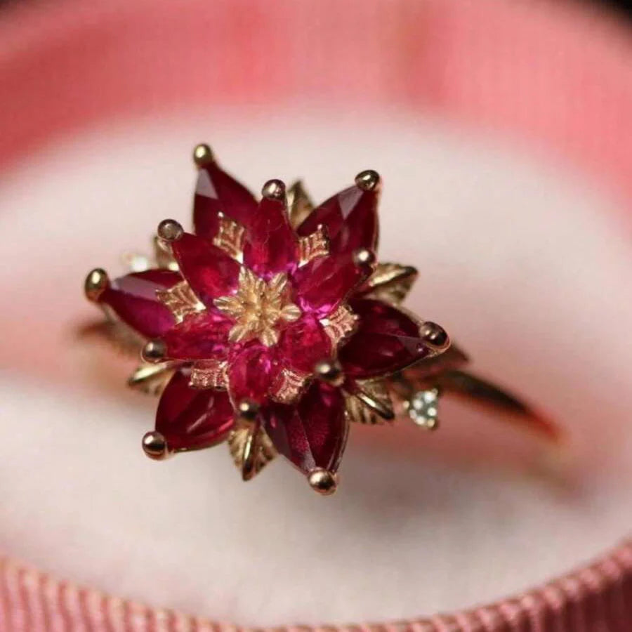 Vintage Handmade Red Cubic Zirconia Lotus Flower Ring