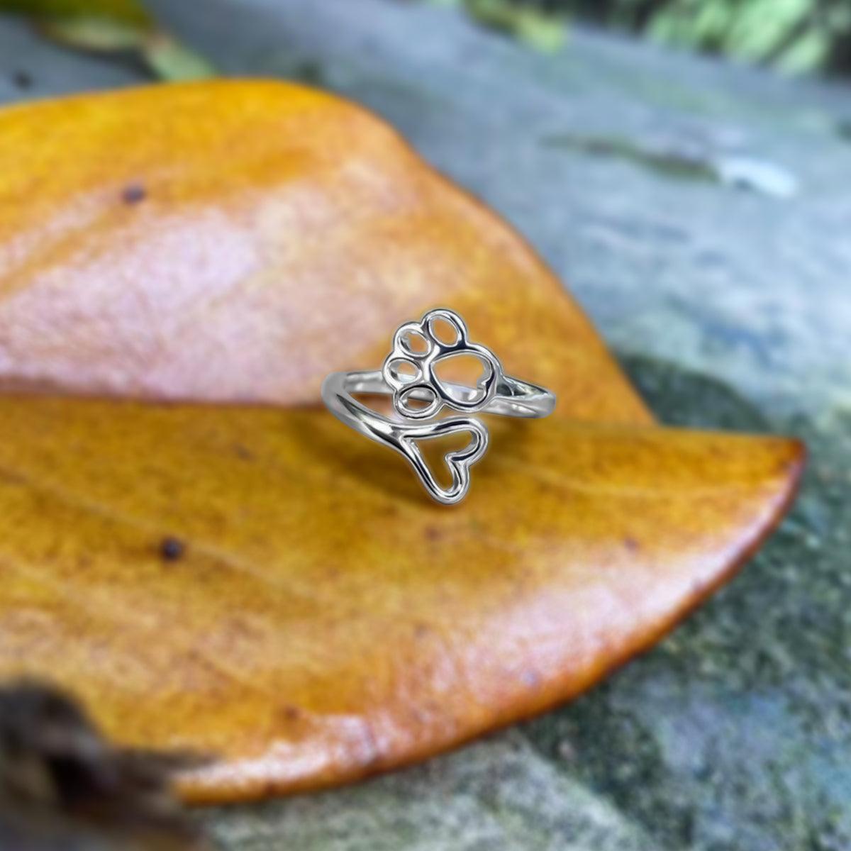 Anello Regolabile con Zampa e Cuore – Acciaio Inossidabile
