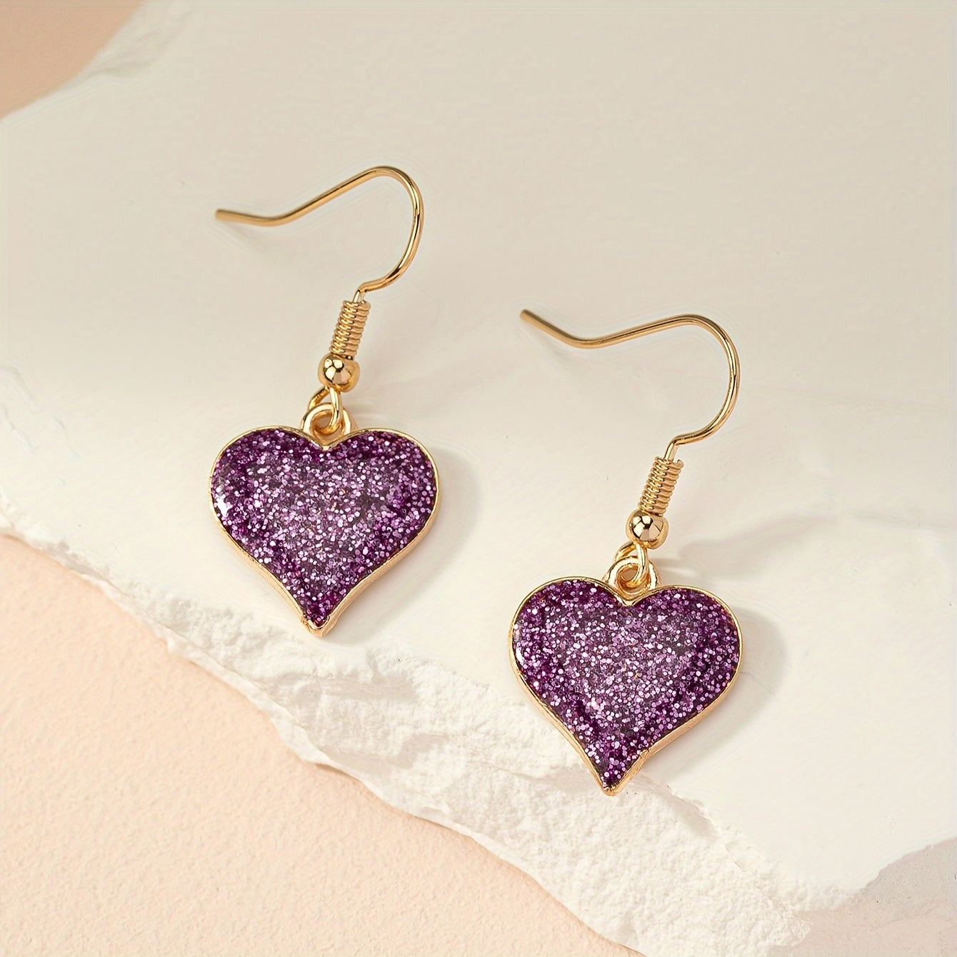 Elegant Purple Fine Glitter Drip Oil Heart Earrings