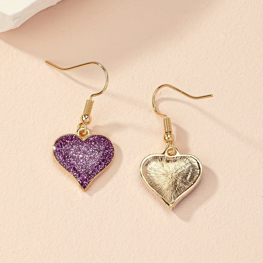 Elegant Purple Fine Glitter Drip Oil Heart Earrings
