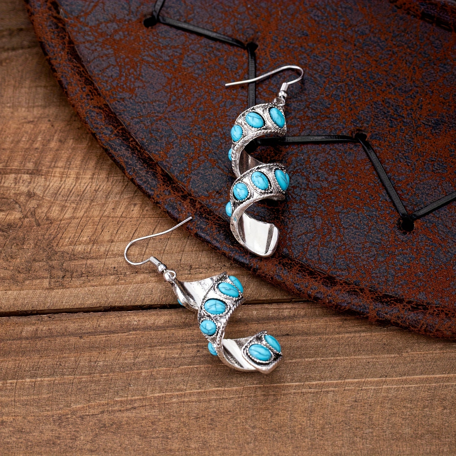Bohemian Spiral Design Turquoise Inlay Pendant Earrings