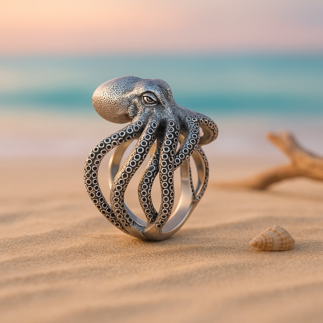 Anello regolabile in argento a forma di polpo