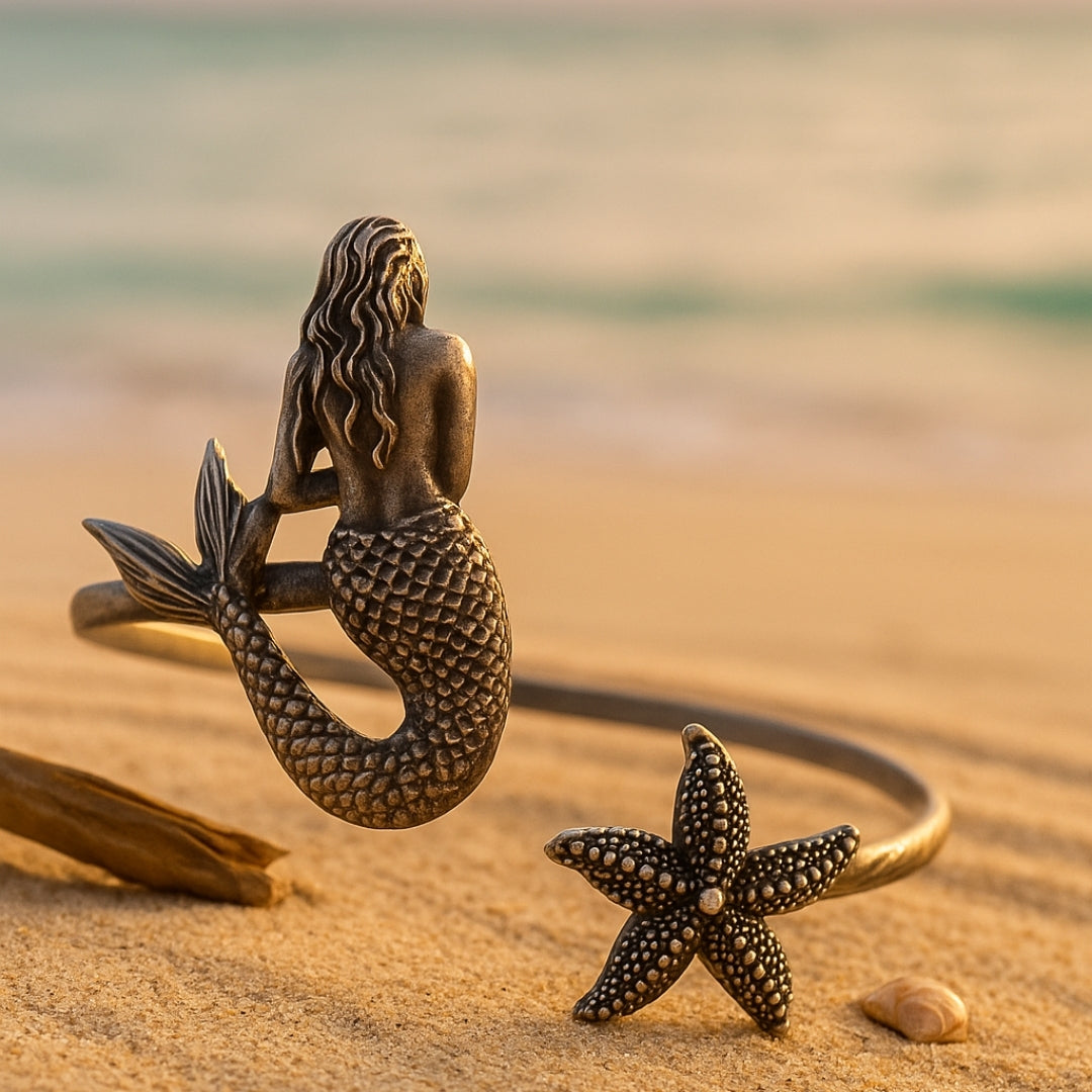 Anello regolabile in argento con stella marina sirena