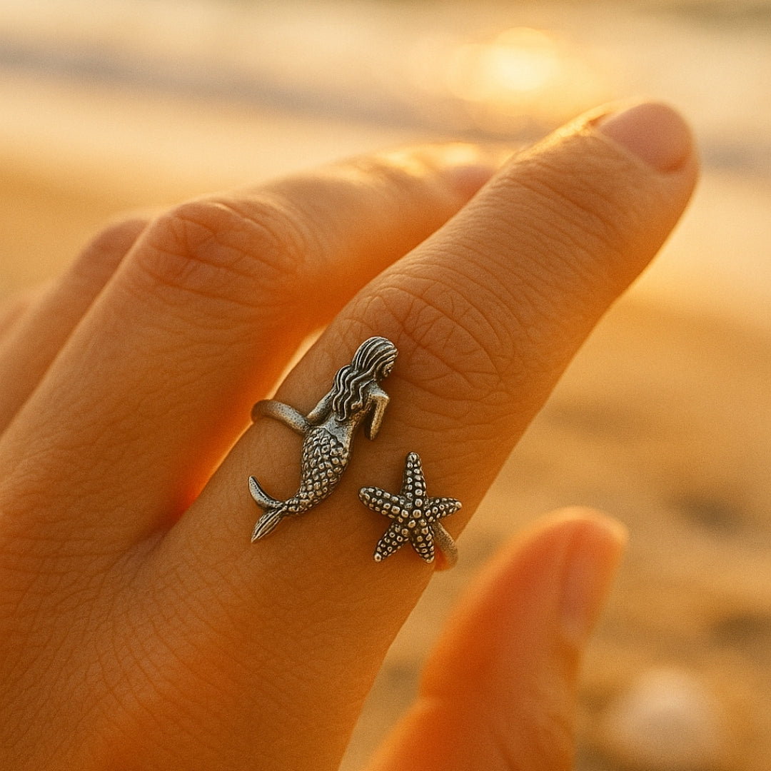 Anello regolabile in argento con stella marina sirena