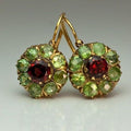 Vintage Floral Round Green & Red Crystal Earrings
