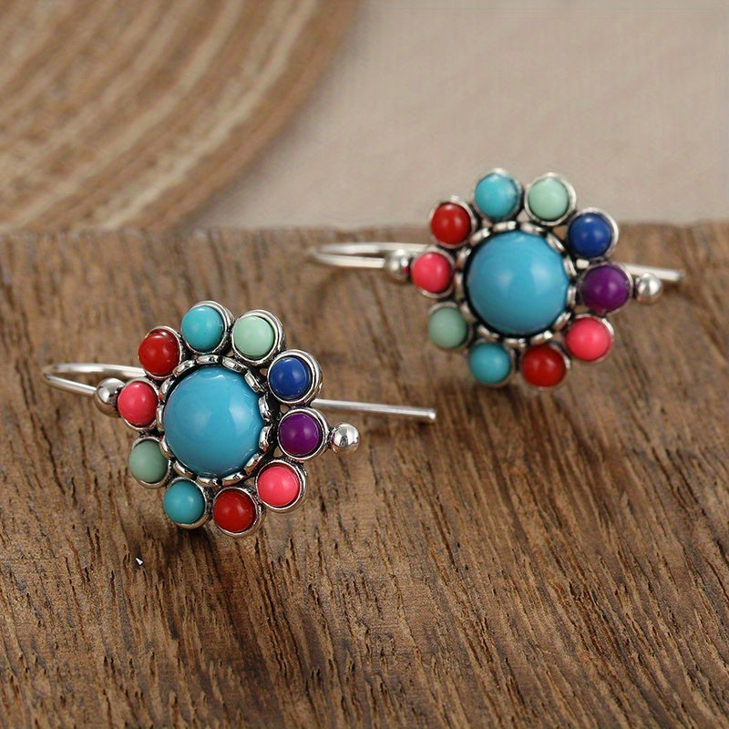 Colorful Turquoise & Coral Floral Dangle Earrings