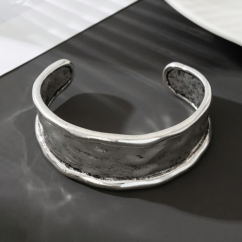 Vintage Hammered Silver Color Open Alloy Wide Cuff Bracelet