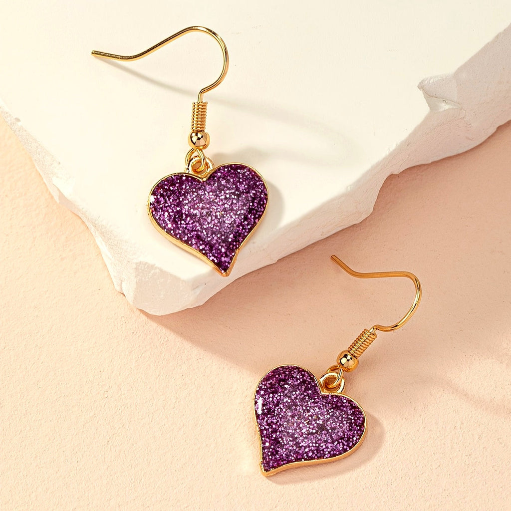 Elegant Purple Glitter Heart Dangle Earrings