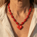 Classic Red Glass Beaded Heart Pendant Necklace
