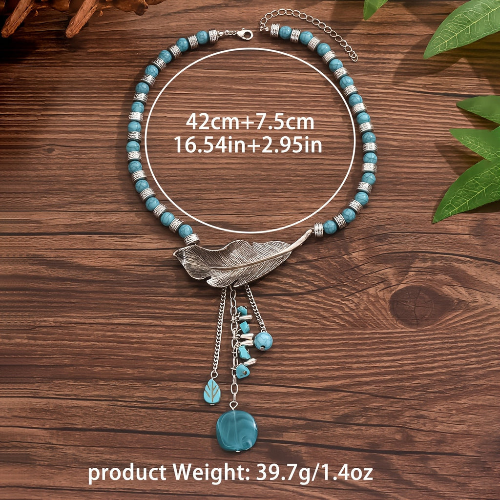Vintage Bohemian Style Turquoise Beads Leaf Pendant Necklace