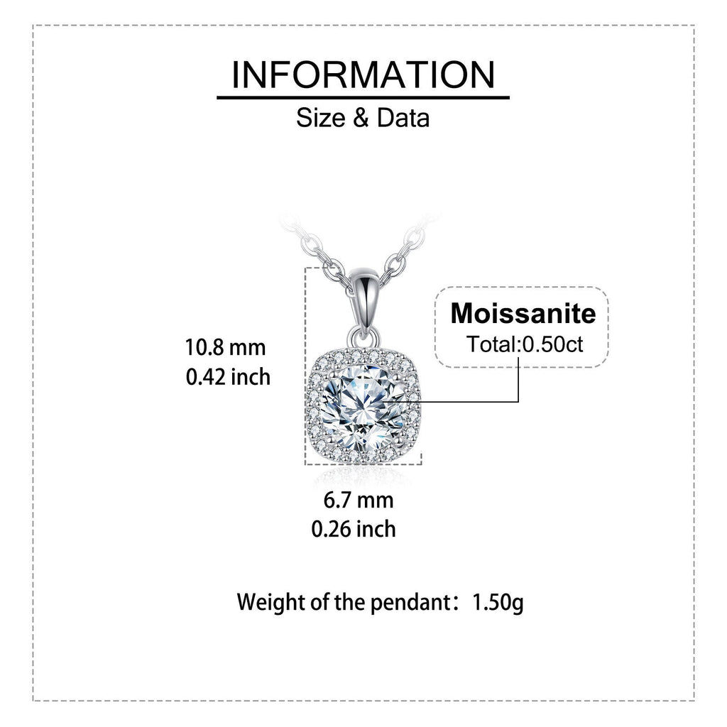Collier pendentif carré élégant en moissanite avec halo en argent sterling 925 sur chaîne délicate en argent – Bijoux de luxe intemporels