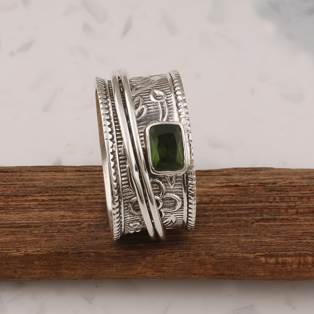 Vintage Bohemian Wide Band Zirconia Silver Plated Ring