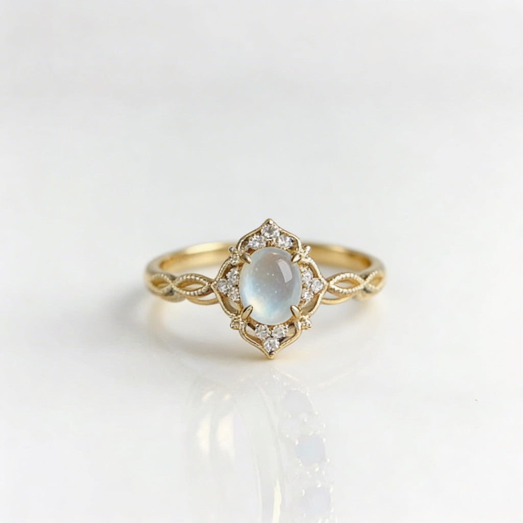 Elegant Hollow Flower With Cat Eye Stone Moonstone Ring
