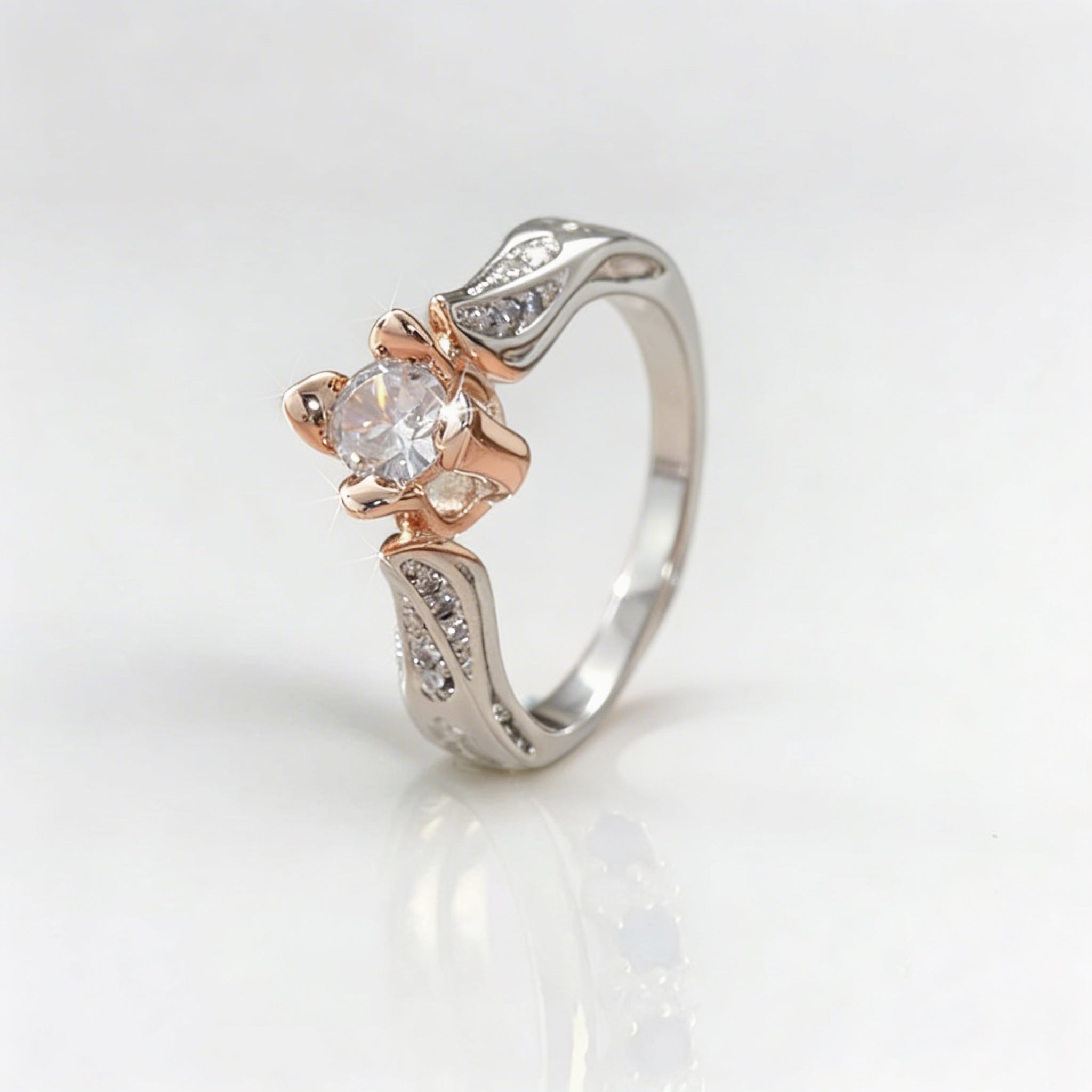 Elegant Silver Plated Zirconia Inlaid Two Tone Rose Flower Ring