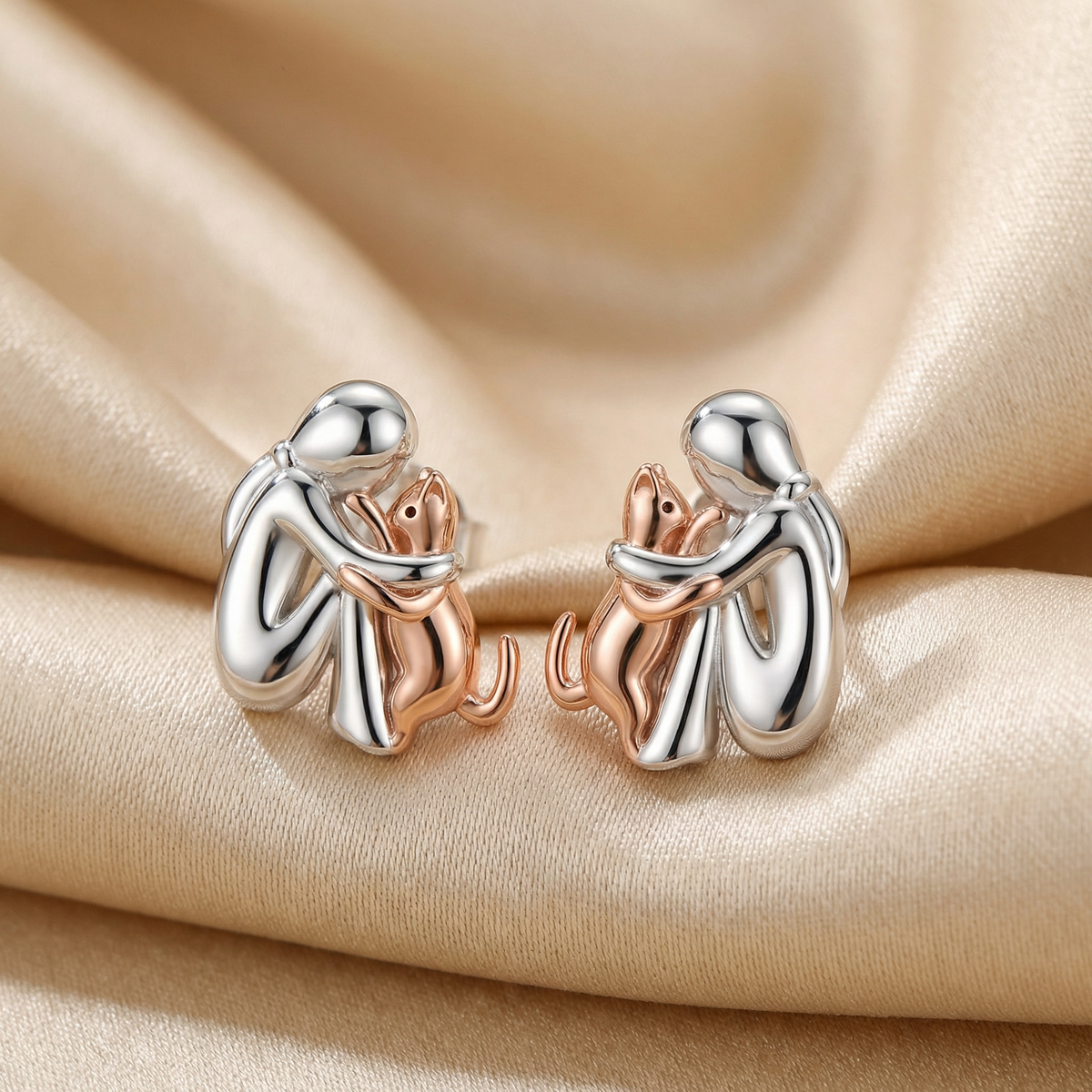 "For Eternity in Your Heart" Cat Hug Rose Gold Earrings
