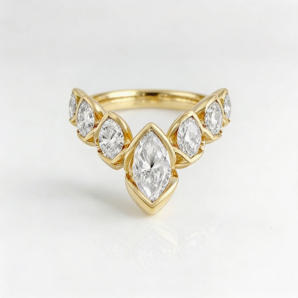 Geometric V-Shaped Gold Plated Zirconia Stone Flower Petal Ring