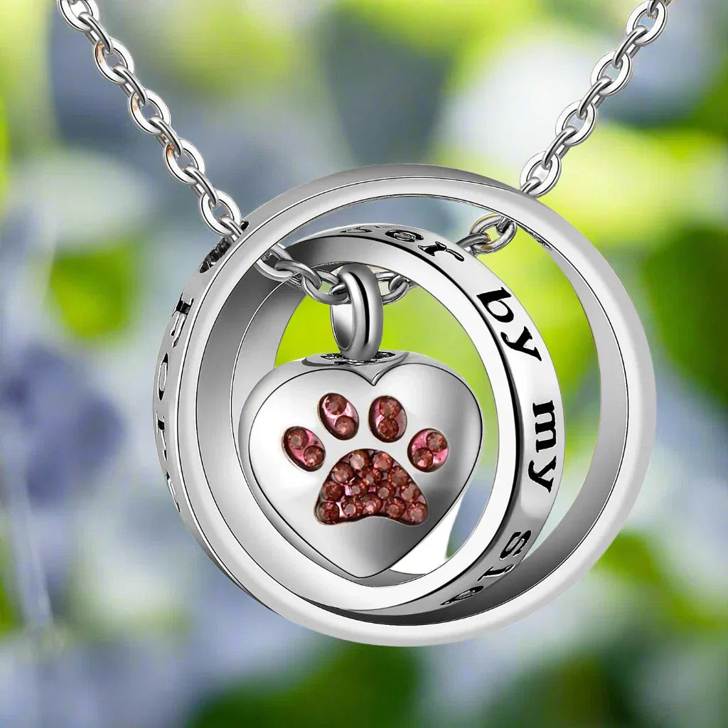 "No Longer By My Side, Forever In My Heart" – Stainless Steel Urn Paw Necklace