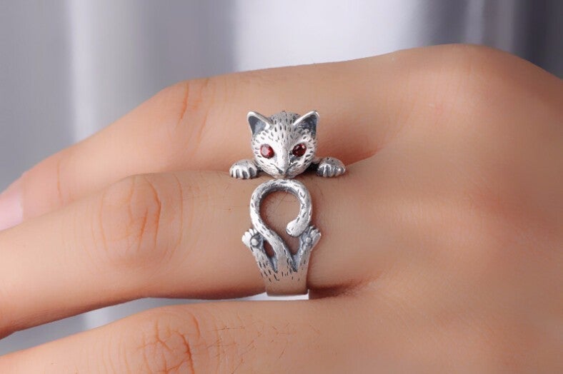 Verstelbare handgeschilderde kattenring van 925 sterlingzilver
