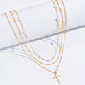 Triple Layer Pearl Cross Necklace