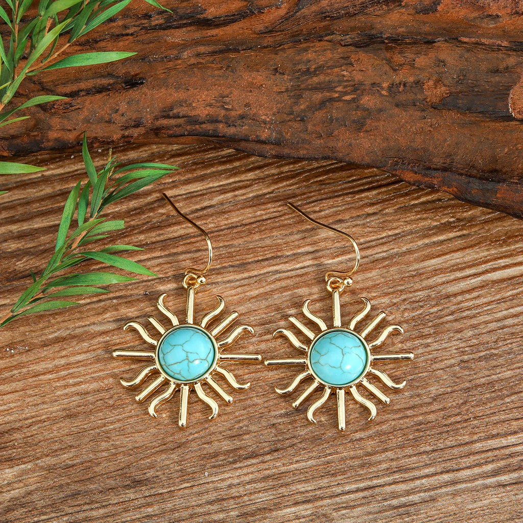 Western Boho Sun Shape Turquoise Drop Earrings