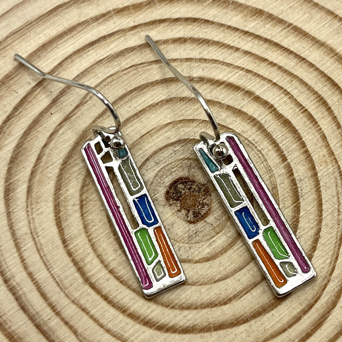 Vintage Silver Plated Geometric Colorful Dangle Earrings