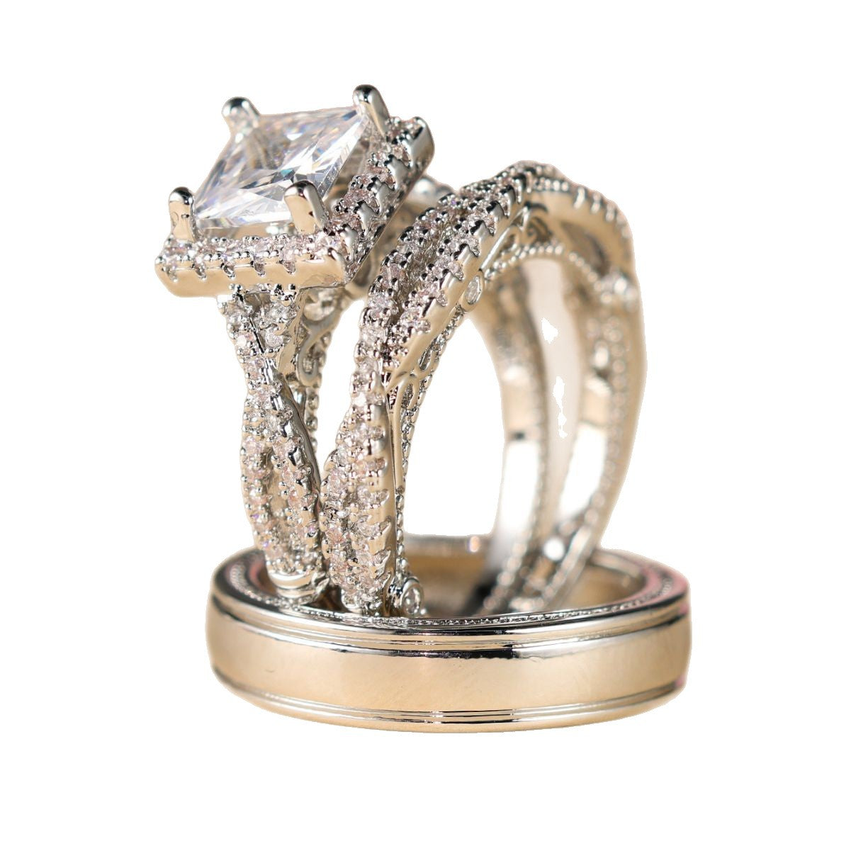 Elegant Three Piece Set Full Zircon Princess Cut Diamond Rings