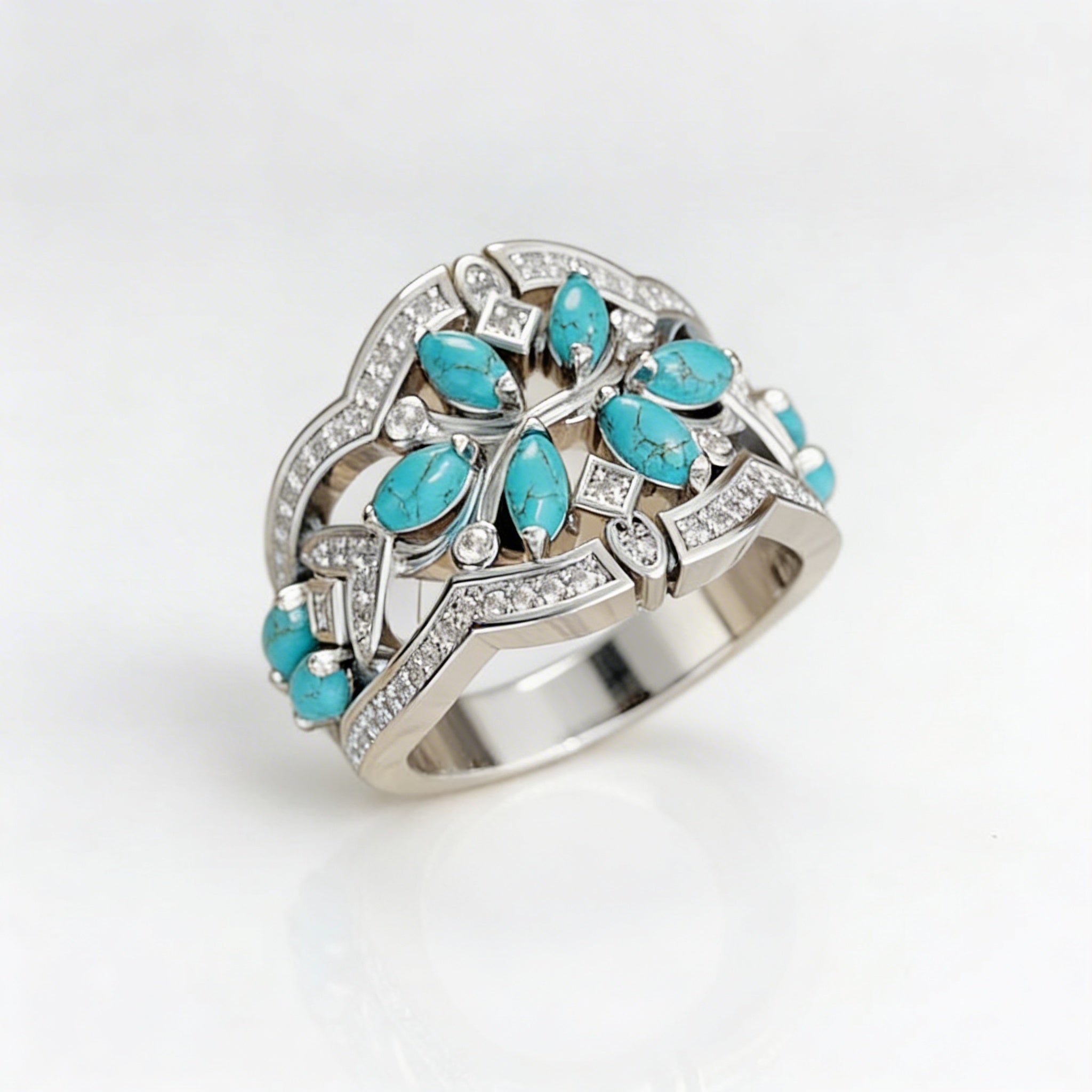 Vintage Bohemian Turquoise Floral Cluster Ring