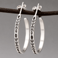 Vintage Botanical Bloom Engraved Silver Hoop Earrings