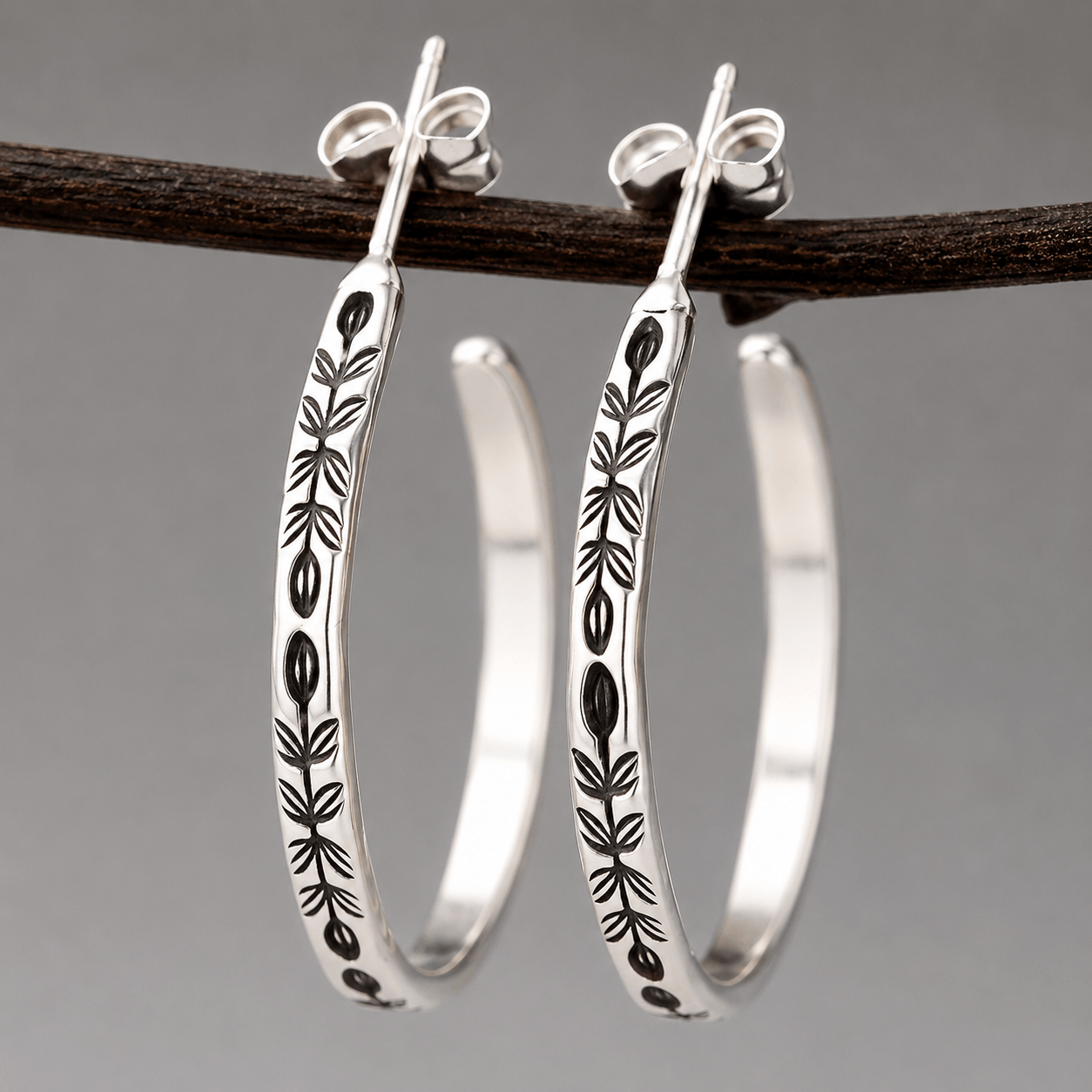 Vintage Botanical Bloom Engraved Silver Hoop Earrings