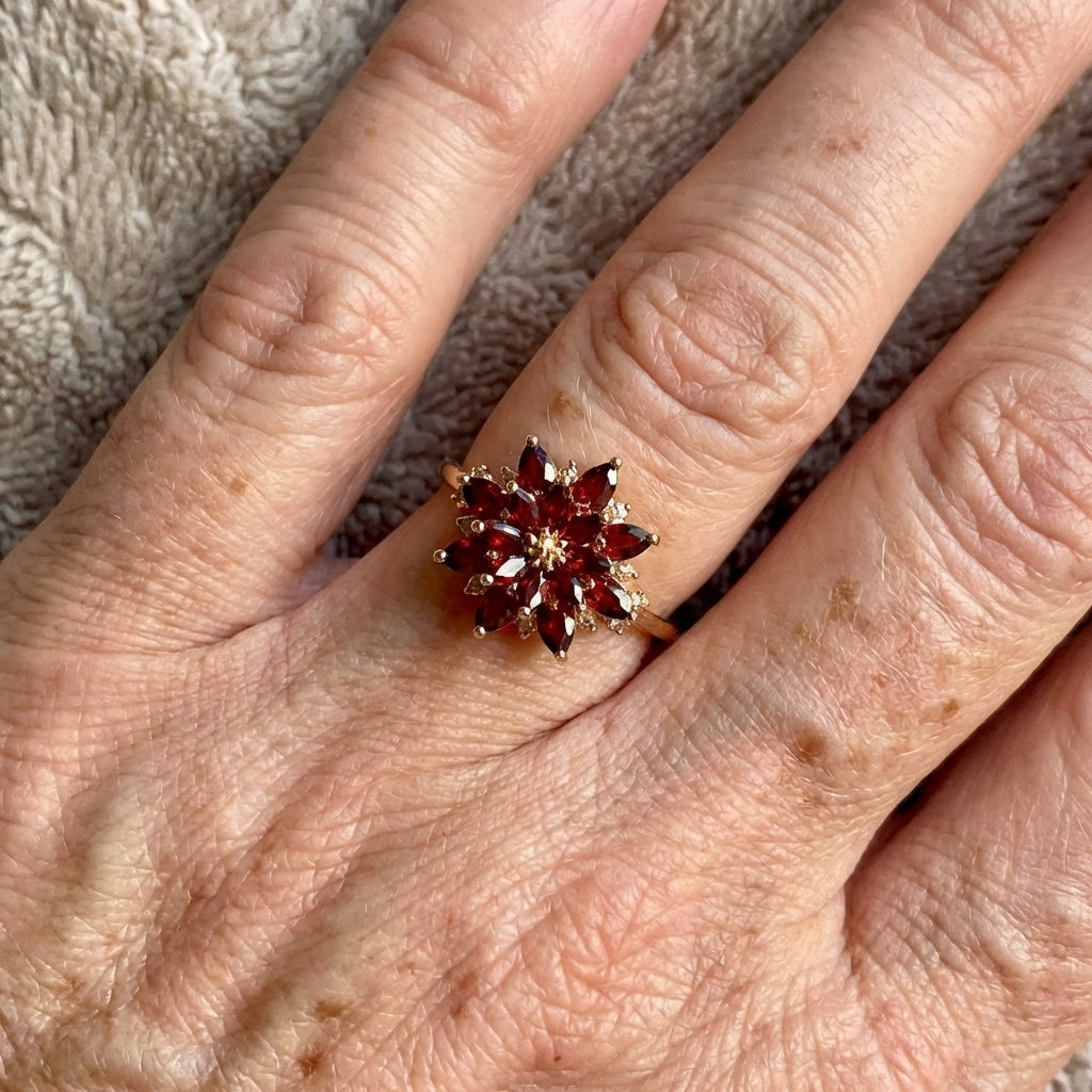 Vintage Handmade Red Cubic Zirconia Lotus Flower Ring
