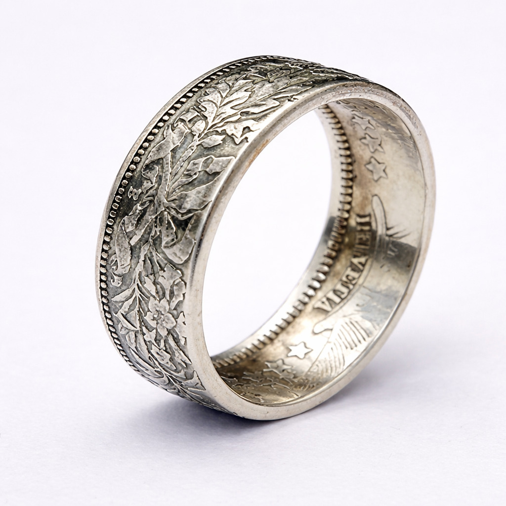 Vintage Silver Plated Snowflake & Coin Pattern Ring