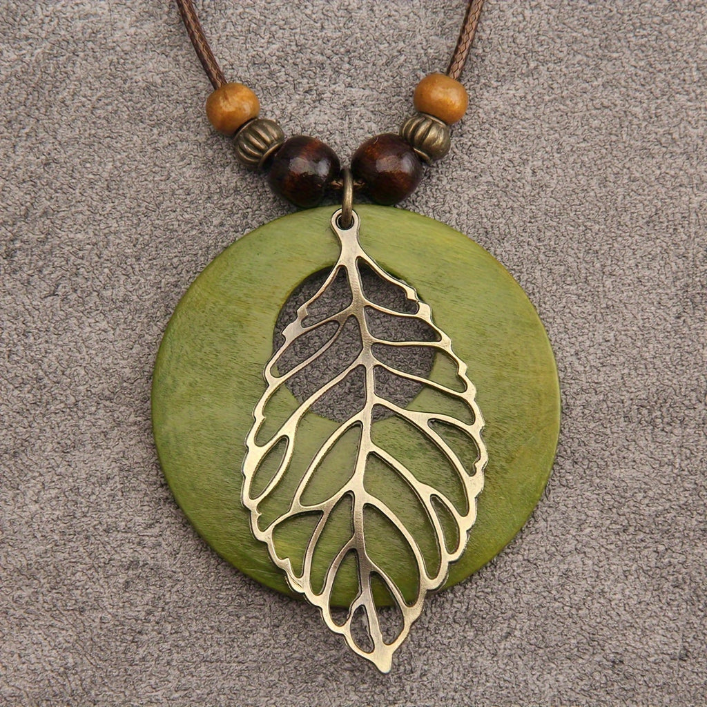 Bohemian Wax Rope Leaf Shaped Pendant Long Necklace