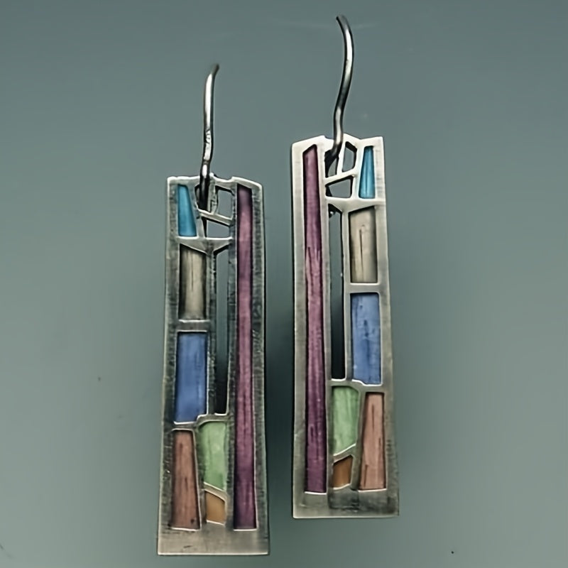 Vintage Silver Plated Geometric Colorful Dangle Earrings