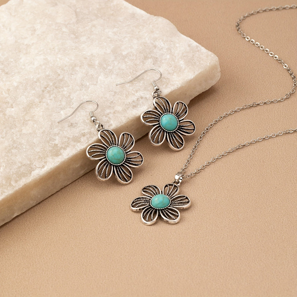 Vintage Turquoise Flower Silver Plated Necklace & Earring Set