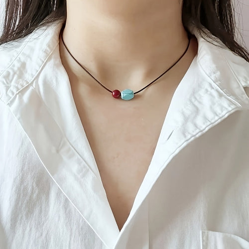 Bohemian Turquoise and Cinnabar Round Beaded Pendant Necklace