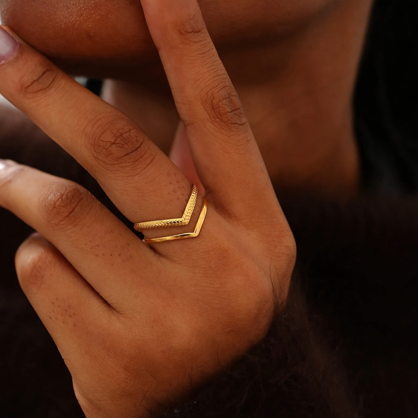 Double-Layer Gold V-Shaped Adjustable Statement Ring