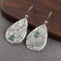 Retro Carved Flowers Drop Shape Turquoise Gemstone Hook Earrings