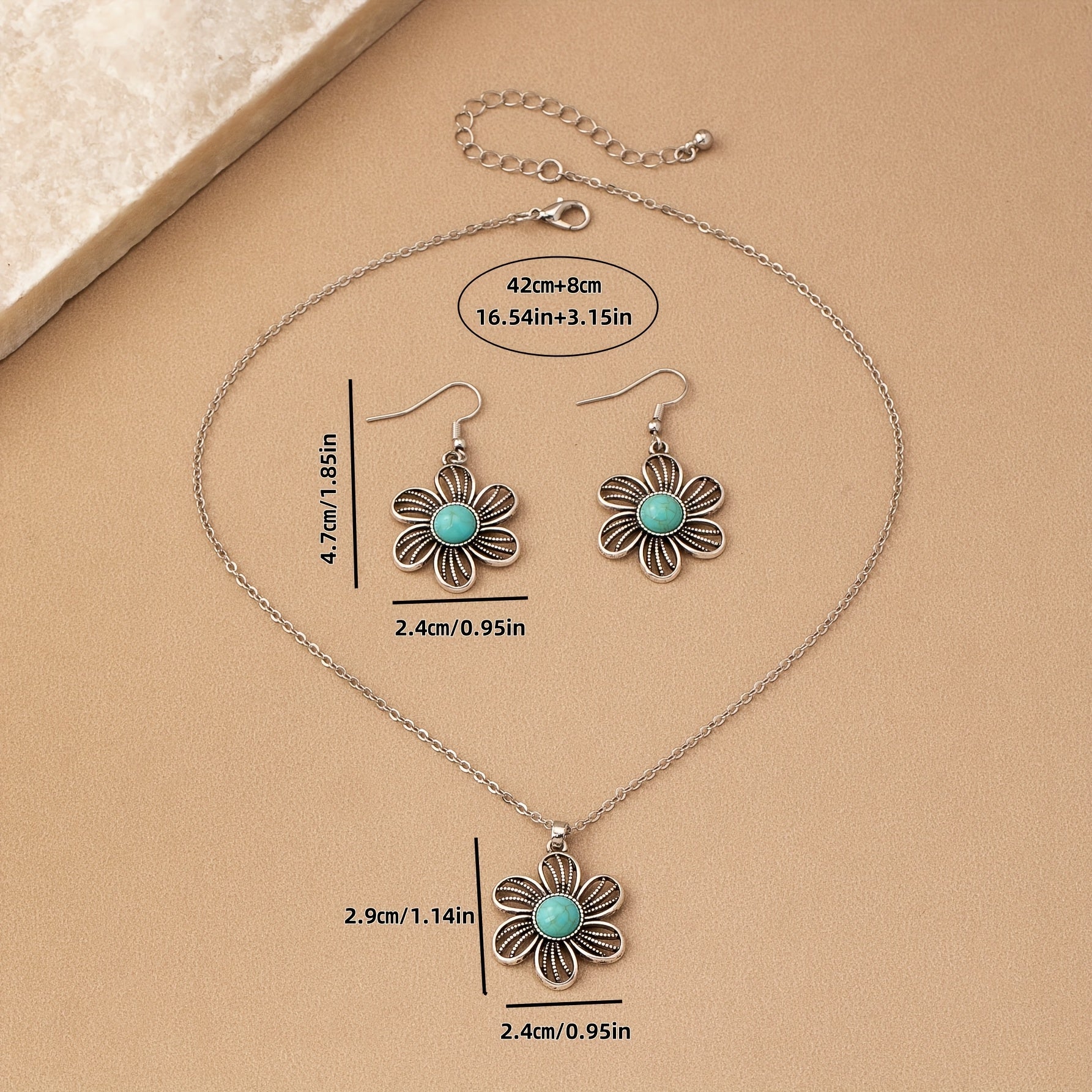 Vintage Turquoise Flower Silver Plated Necklace & Earring Set