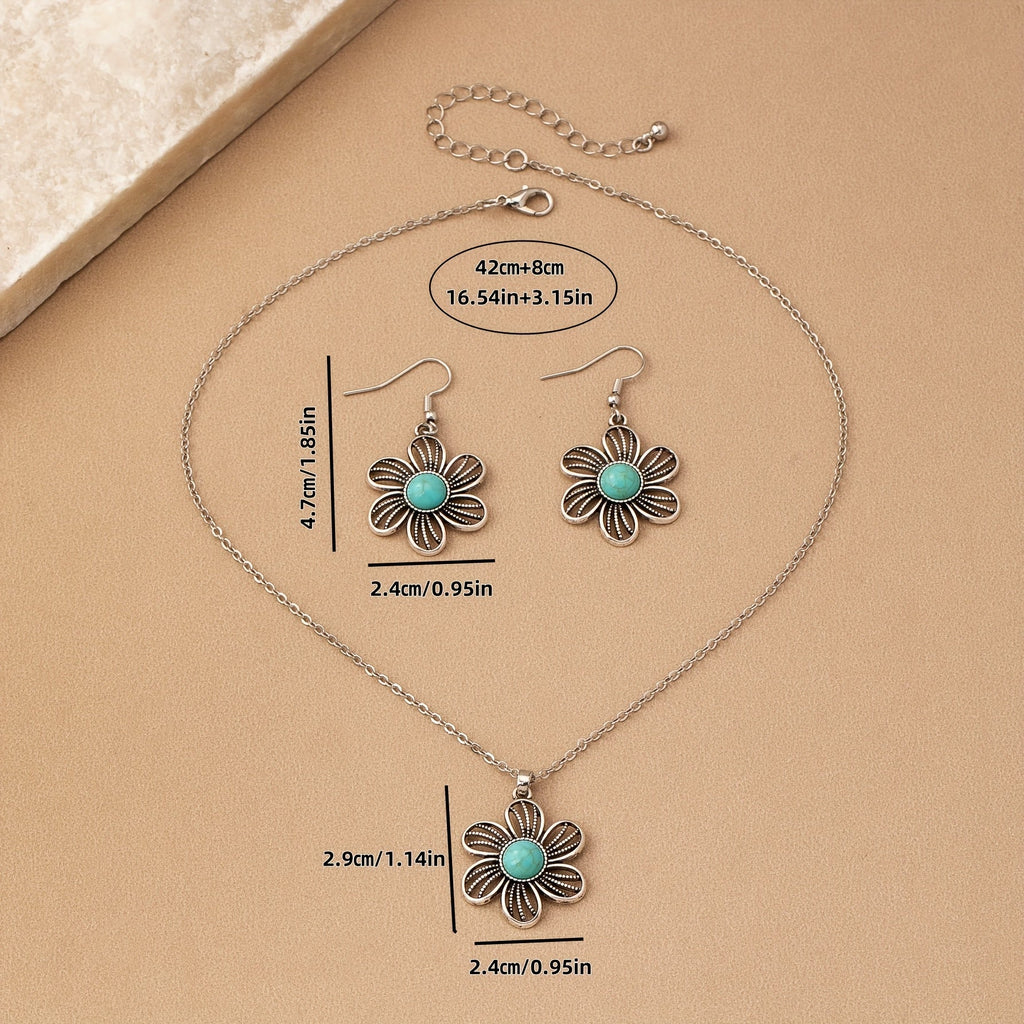 Vintage Boho Turquoise Flower Earrings Necklace Jewelry Set