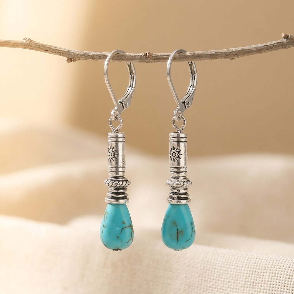 Turquoise Tibet Silvery Color Vintage Bohemian Long Drop Earrings