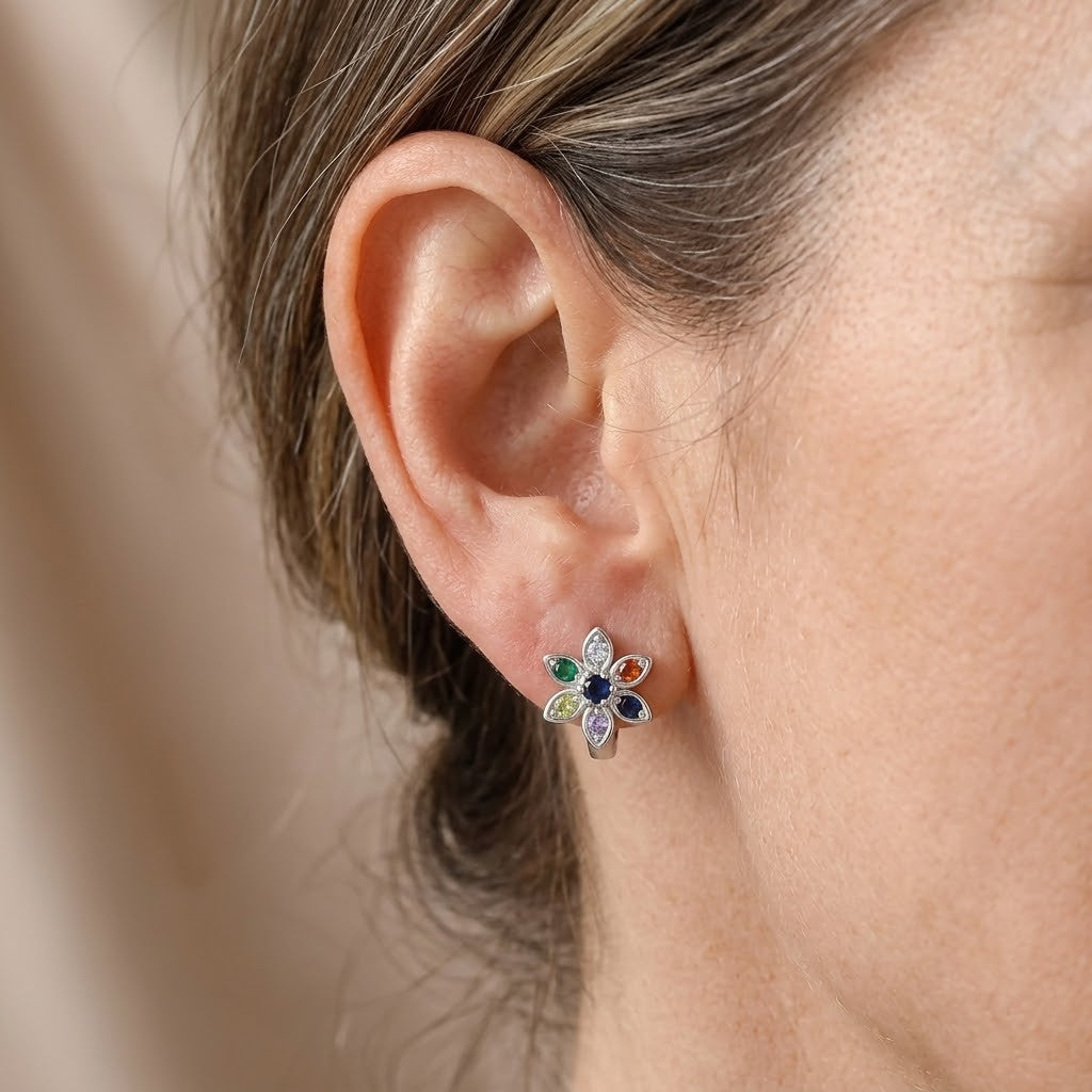 Pearl Zirconia Floral Hoop Earrings