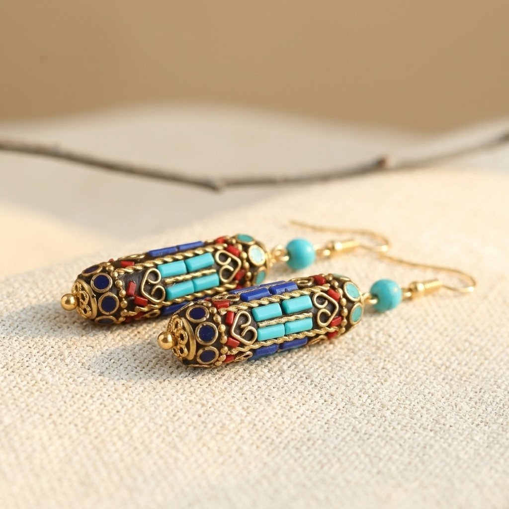 Turquoise Mosaic Bead Dangle Bohemian Vintage Style Earrings