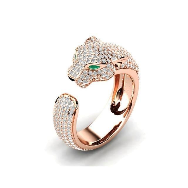 Verstellbarer Jaguar-Ring aus 18-karätigem Silber und Roségold mit grünen Zirkonia-Augen